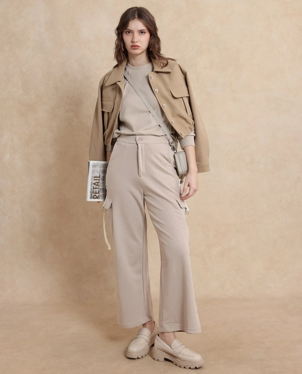 Rareism Women's Kar Beige Cotton Blend Plain Ankle Length Wide Track Pant