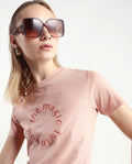 Rareism Women's Karlie Light Peach Cotton Blend Crew Neck Graphic Print Regular Fit T-Shirt