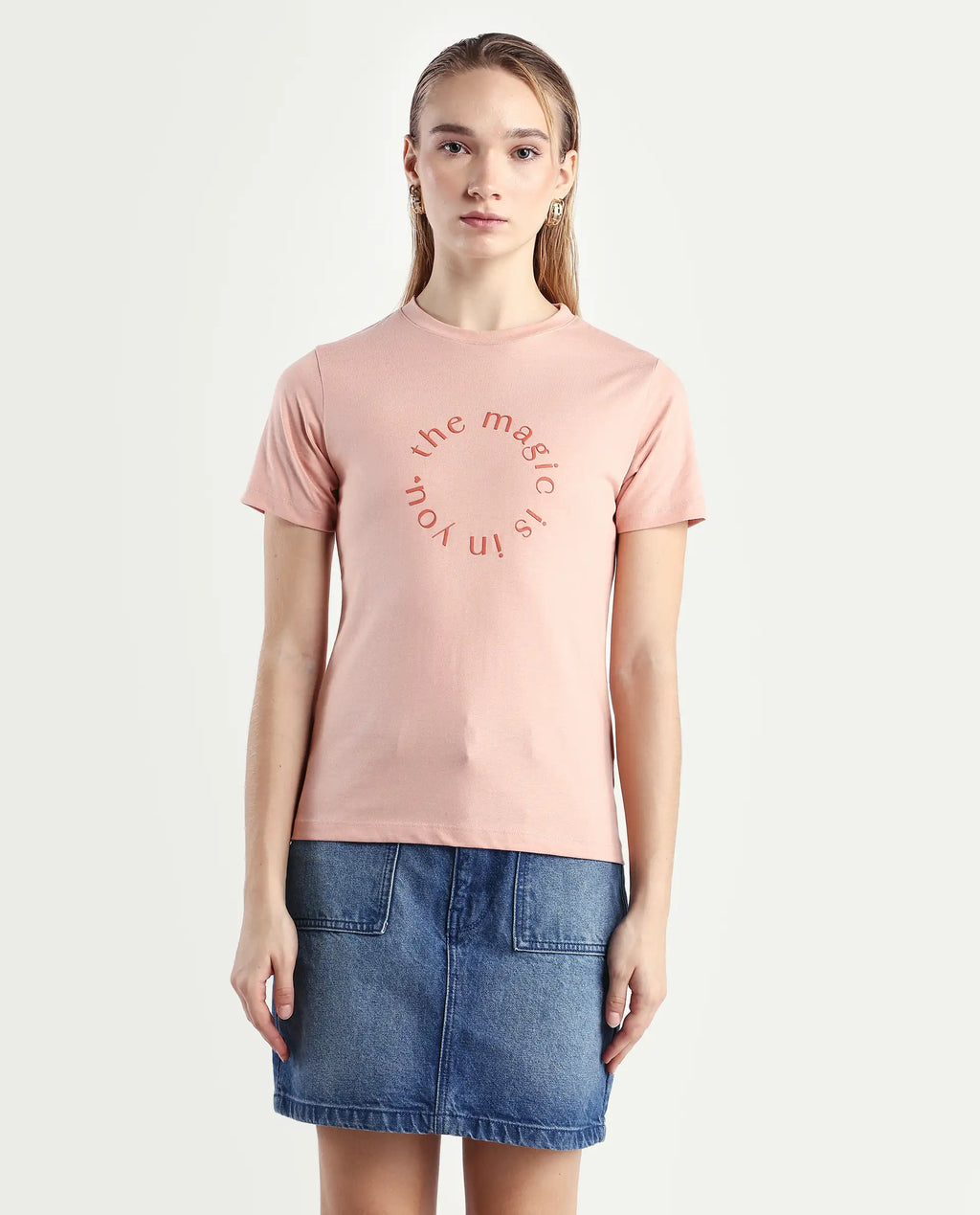 Rareism Women's Karlie Light Peach Cotton Blend Crew Neck Graphic Print Regular Fit T-Shirt