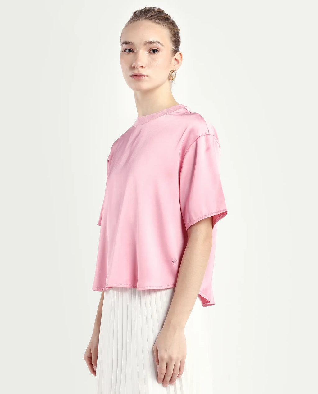 Rareism Women's Karuno Light Pink Satin Blend Ribbed Collar Plain Boxy Fit Top