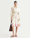 Rareism Women's Katina Yellow Cotton Drop Collar Striped Midi A-Line Dress