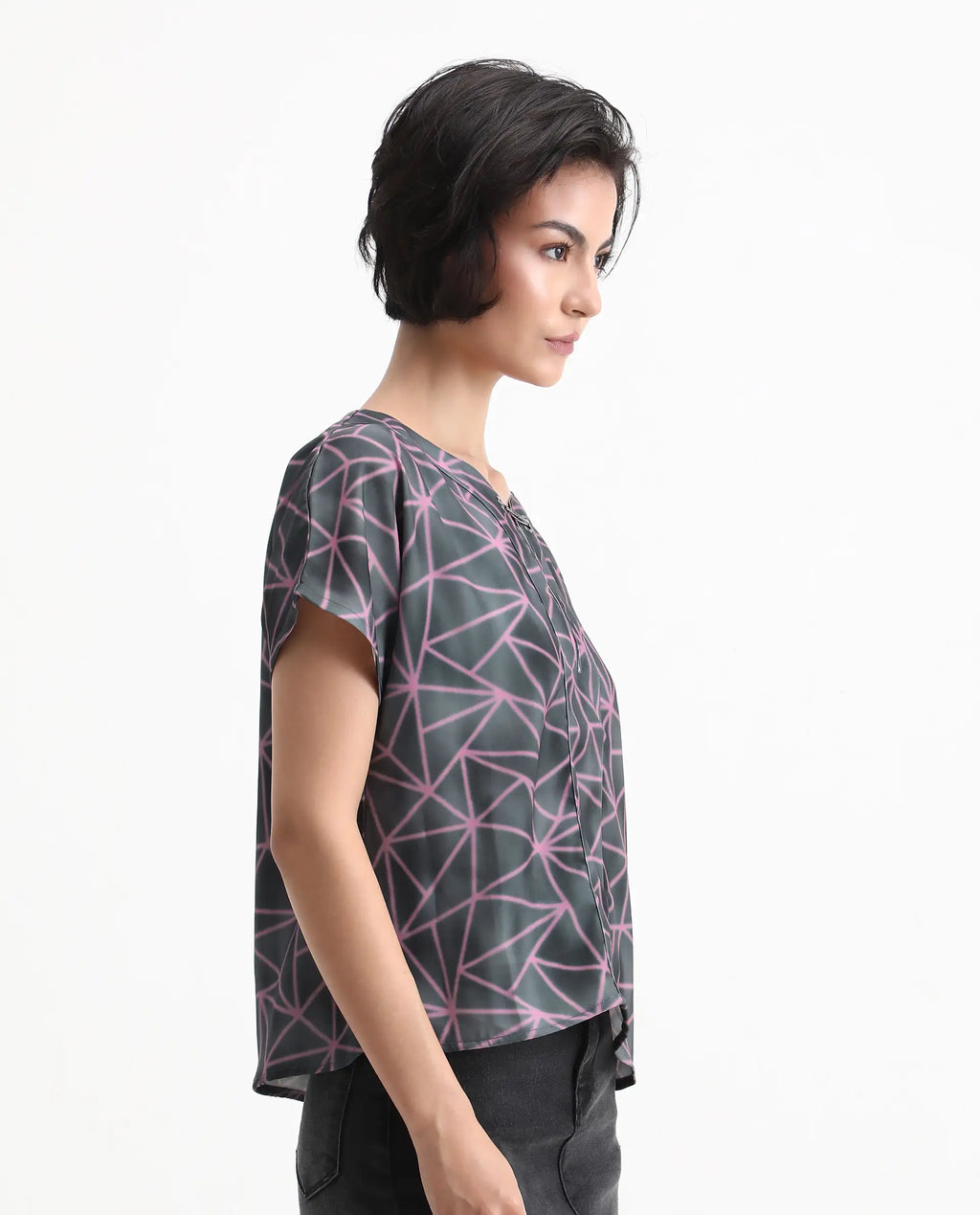 Rareism Women's Katya Grey Polyester Blend Collarless Abstract Print Extended Sleeves Regular Fit Top