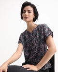 Rareism Women's Katya Grey Polyester Blend Collarless Abstract Print Extended Sleeves Regular Fit Top