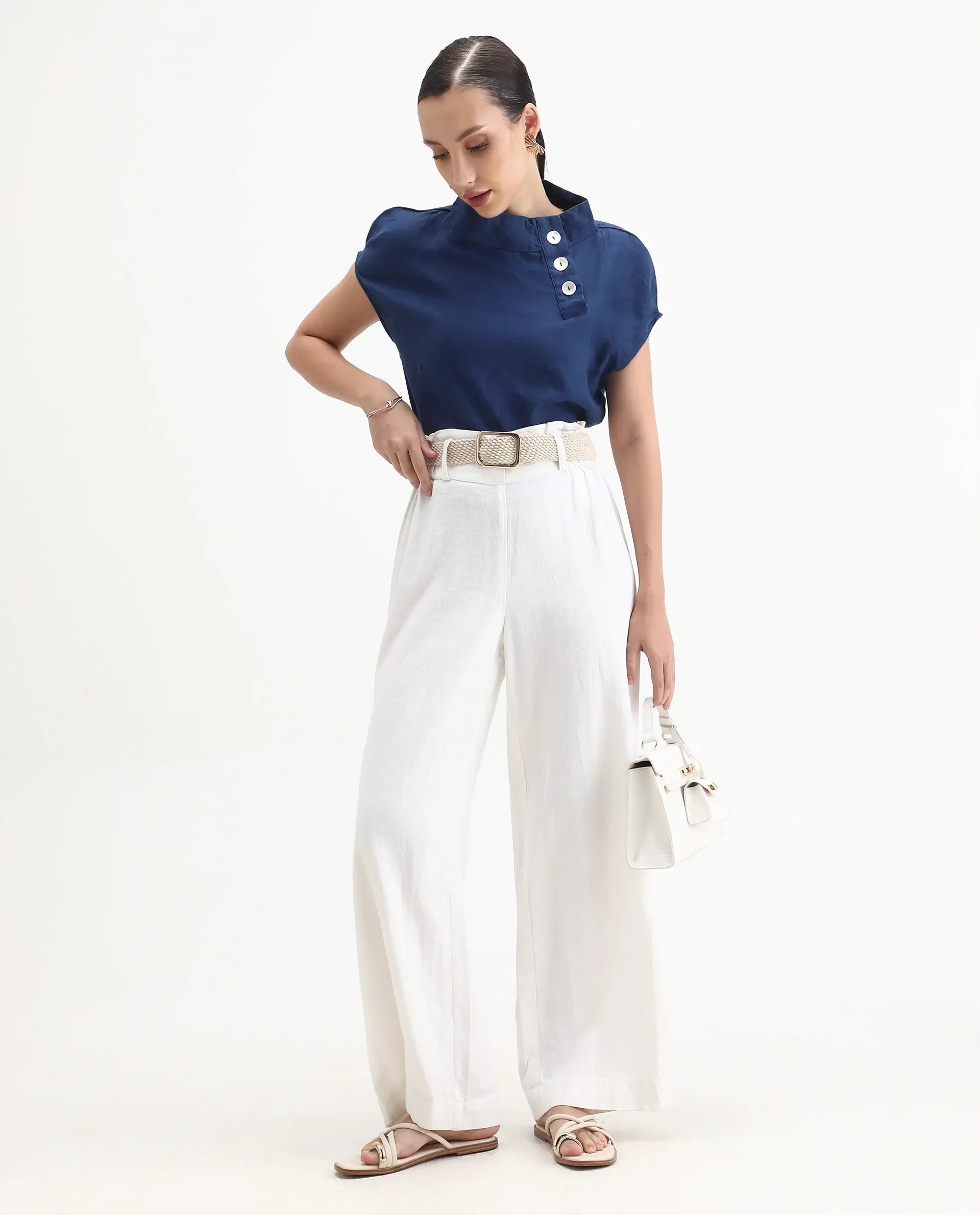 Rareism Women's Kavier Blue Linen High Neck Plain Knee Length Regular Fit Top