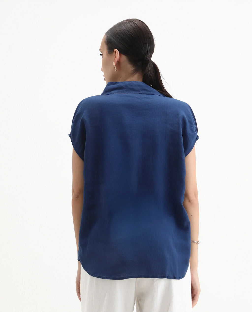 Rareism Women's Kavier Blue Linen High Neck Plain Knee Length Regular Fit Top