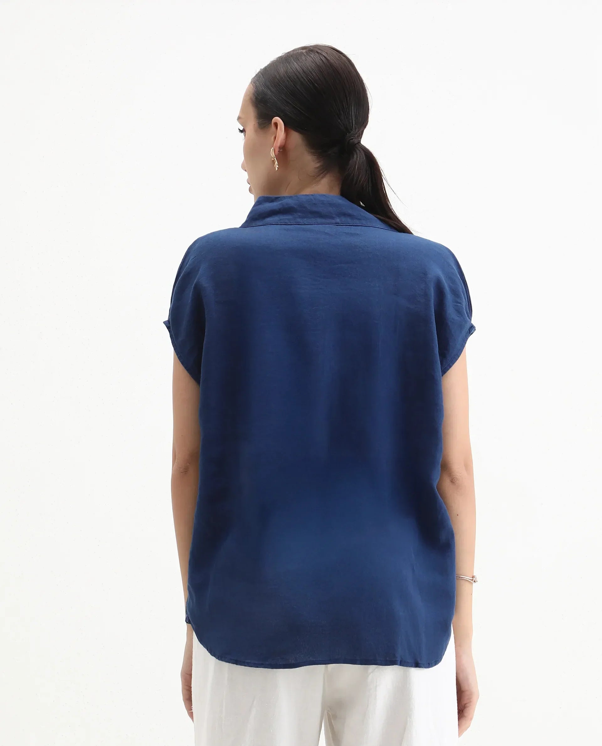 Rareism Women's Kavier Blue Linen High Neck Plain Knee Length Regular Fit Top