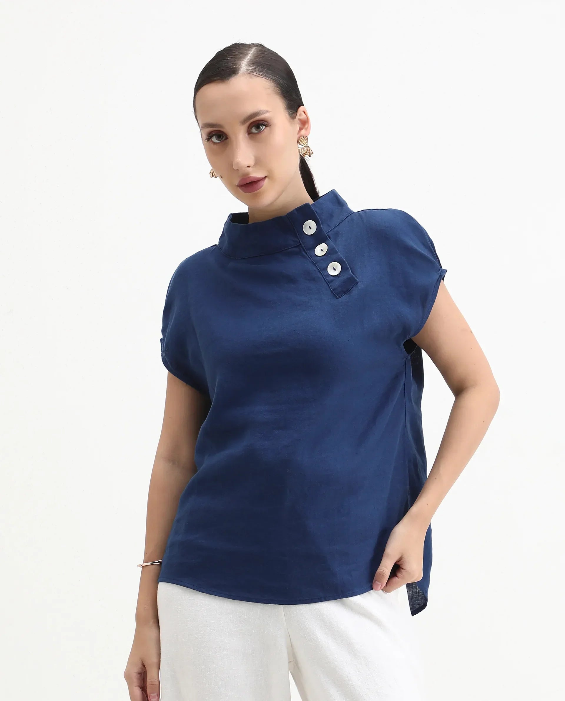 Rareism Women's Kavier Blue Linen High Neck Plain Knee Length Regular Fit Top