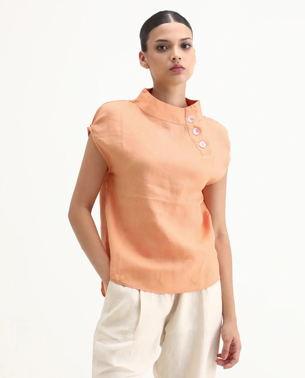 Rareism Women's Kavier Orange Linen High Neck Plain Regular Fit Top