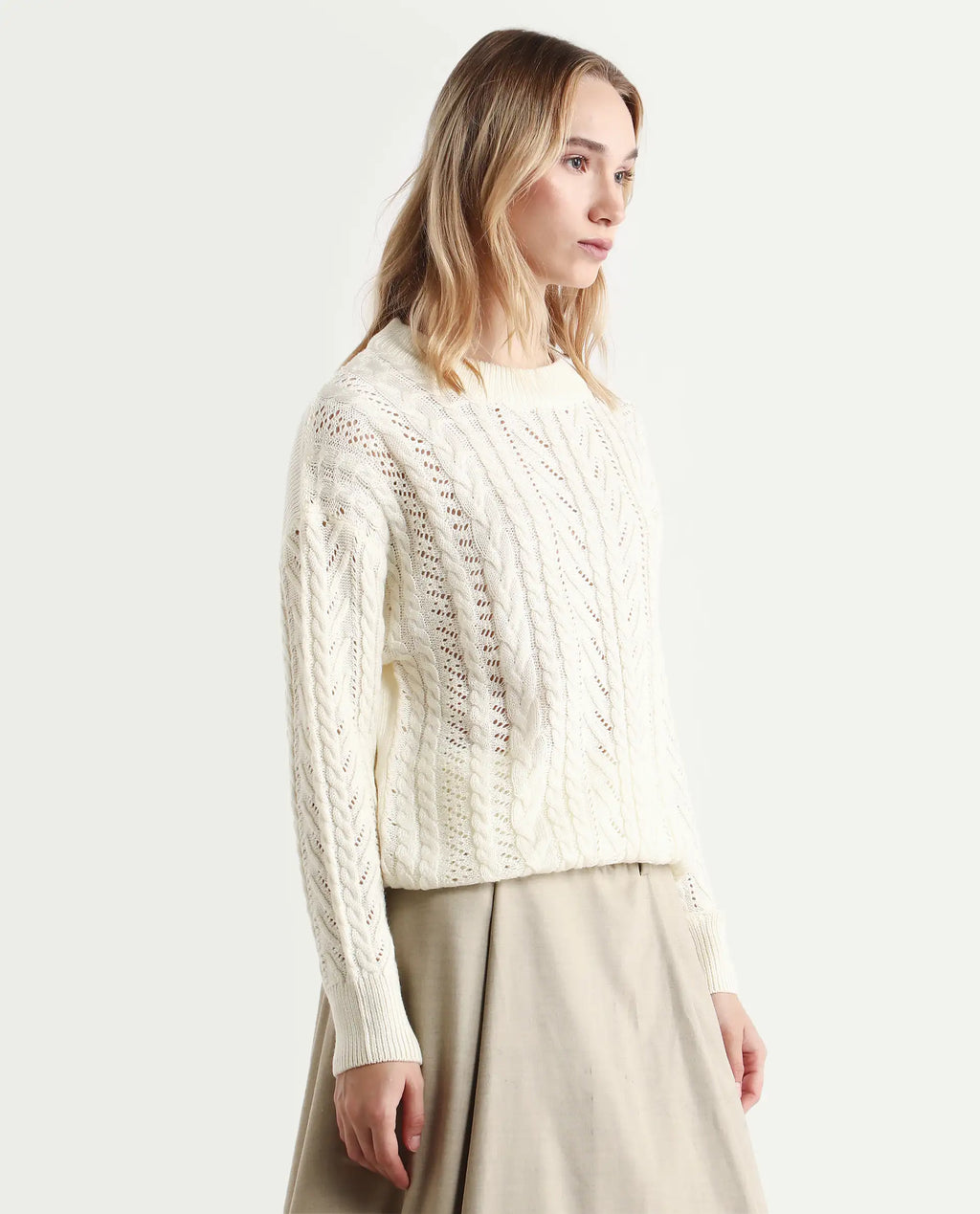 Rareism Women's Kaya Off White Acrylic Crew Neck Plain Regular Fit Sweater