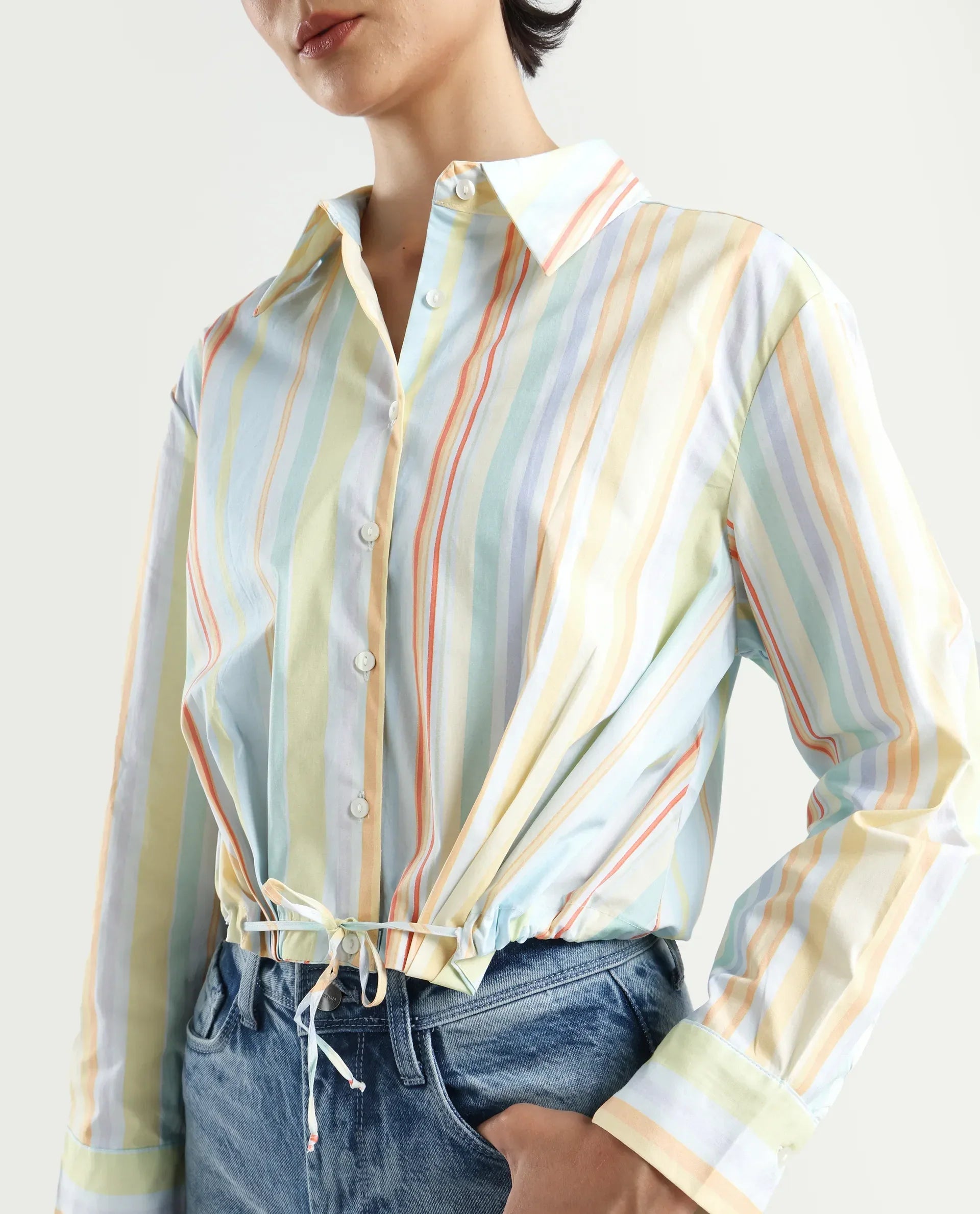 Rareism Women's Kaylae Light Multi Cotton Blend Drop Collar Striped Cuffed Sleeve Crop Regular Fit Top