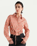 Rareism Women's Kayline Multi Cotton Blend Drop Collar Geometric Print Cuffed Sleeve Crop Regular Fit Top