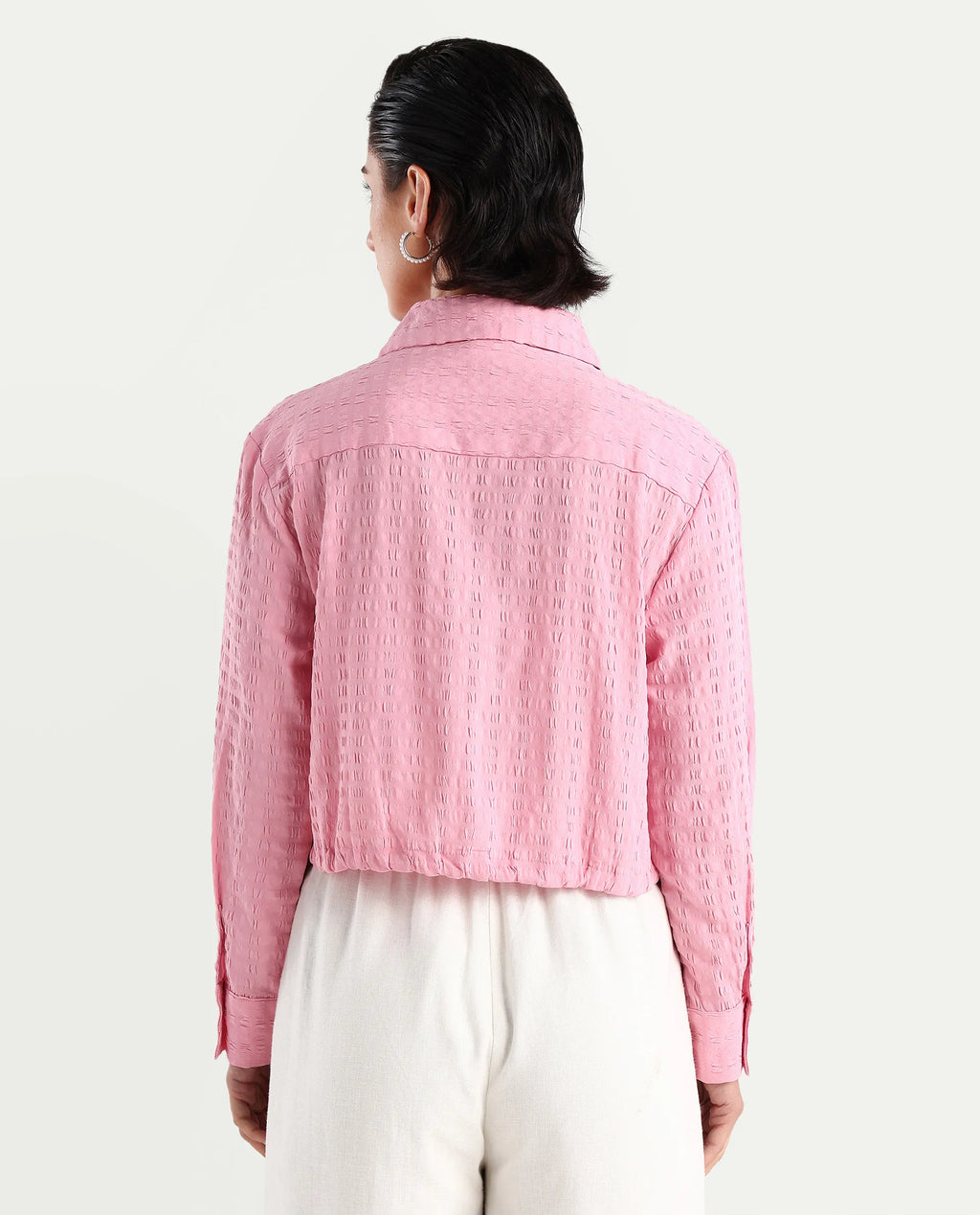 Rareism Women's Kaylo Pink Cotton Blend Drop Collar Plain Cuffed Sleeve Crop Regular Fit Top