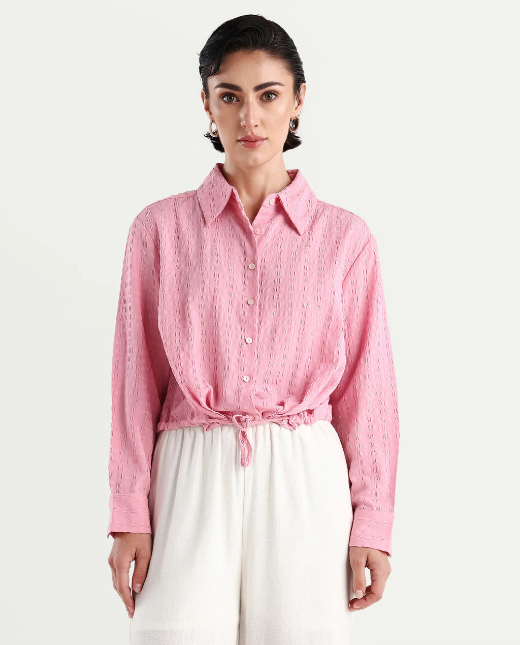Rareism Women's Kaylo Pink Cotton Blend Drop Collar Plain Cuffed Sleeve Crop Regular Fit Top