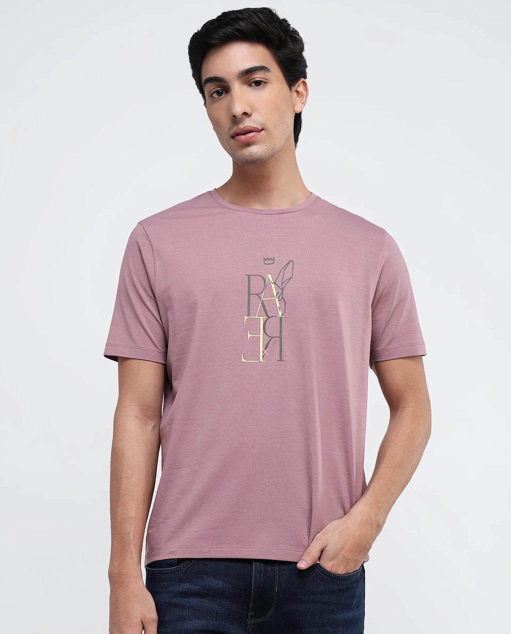Rare Rabbit Men's Keat Pink Cotton Graphic Print Regular Fit Half Sleeve Crew Neck T-Shirt