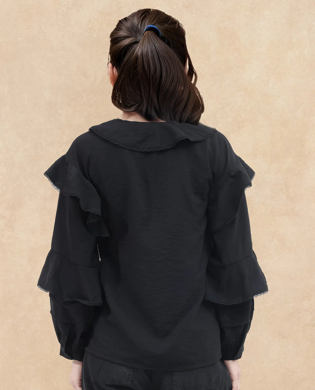 Rareism Women's Kei-T Black Nylon Blend Peter Pan Collar Plain Bishop Sleeve Relaxed Fit Top