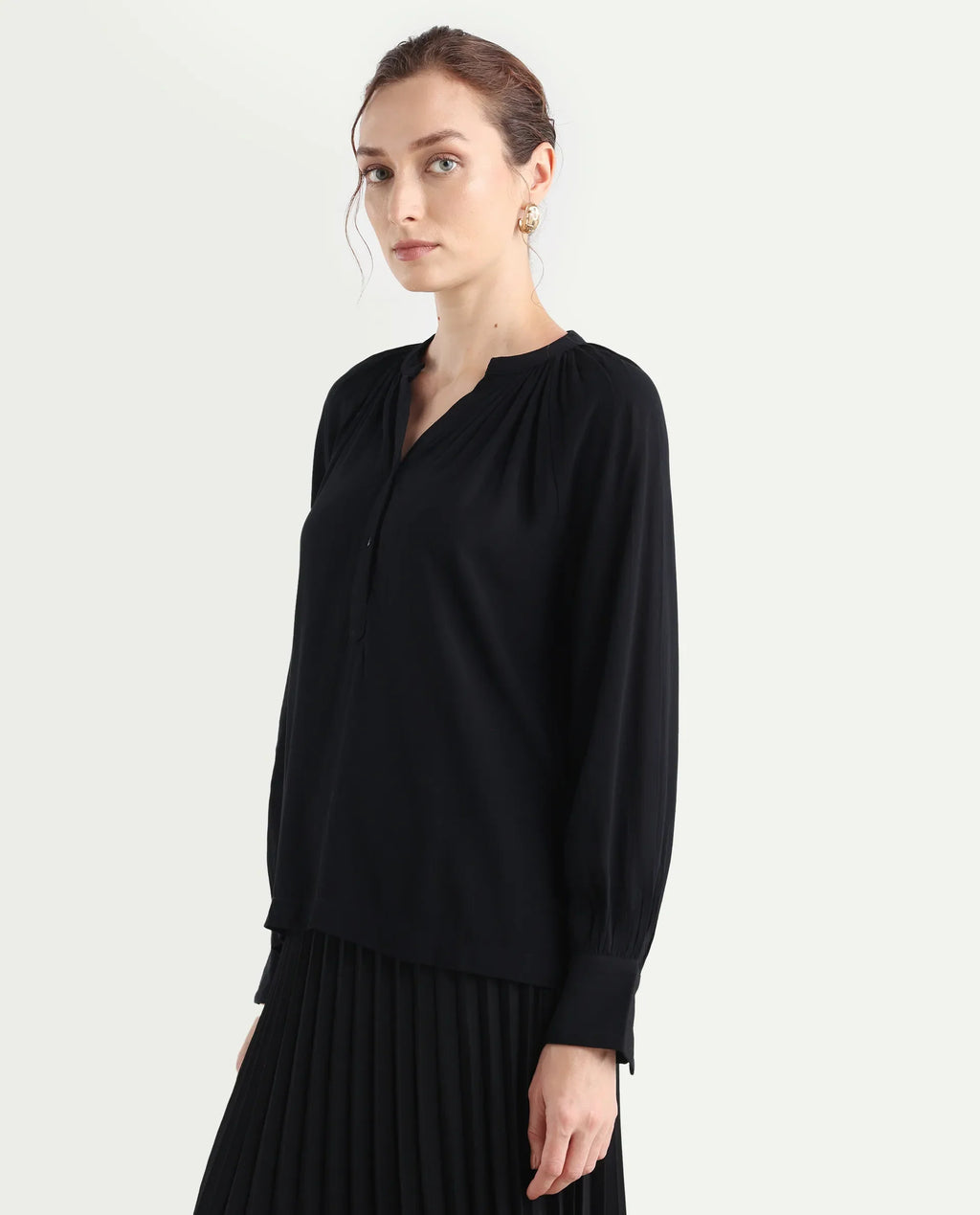 Rareism Women's Kella Black Mandarin Collar Plain Raglan Sleeve Regular Fit Top
