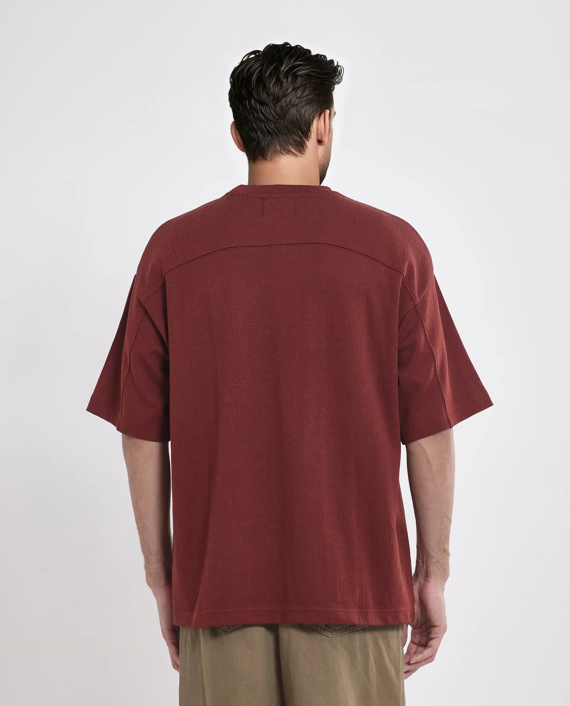 Rare Rabbit Men's Kelos Rust Cotton Blend Plain Oversized Fit Half Sleeve Crew Neck T-Shirt