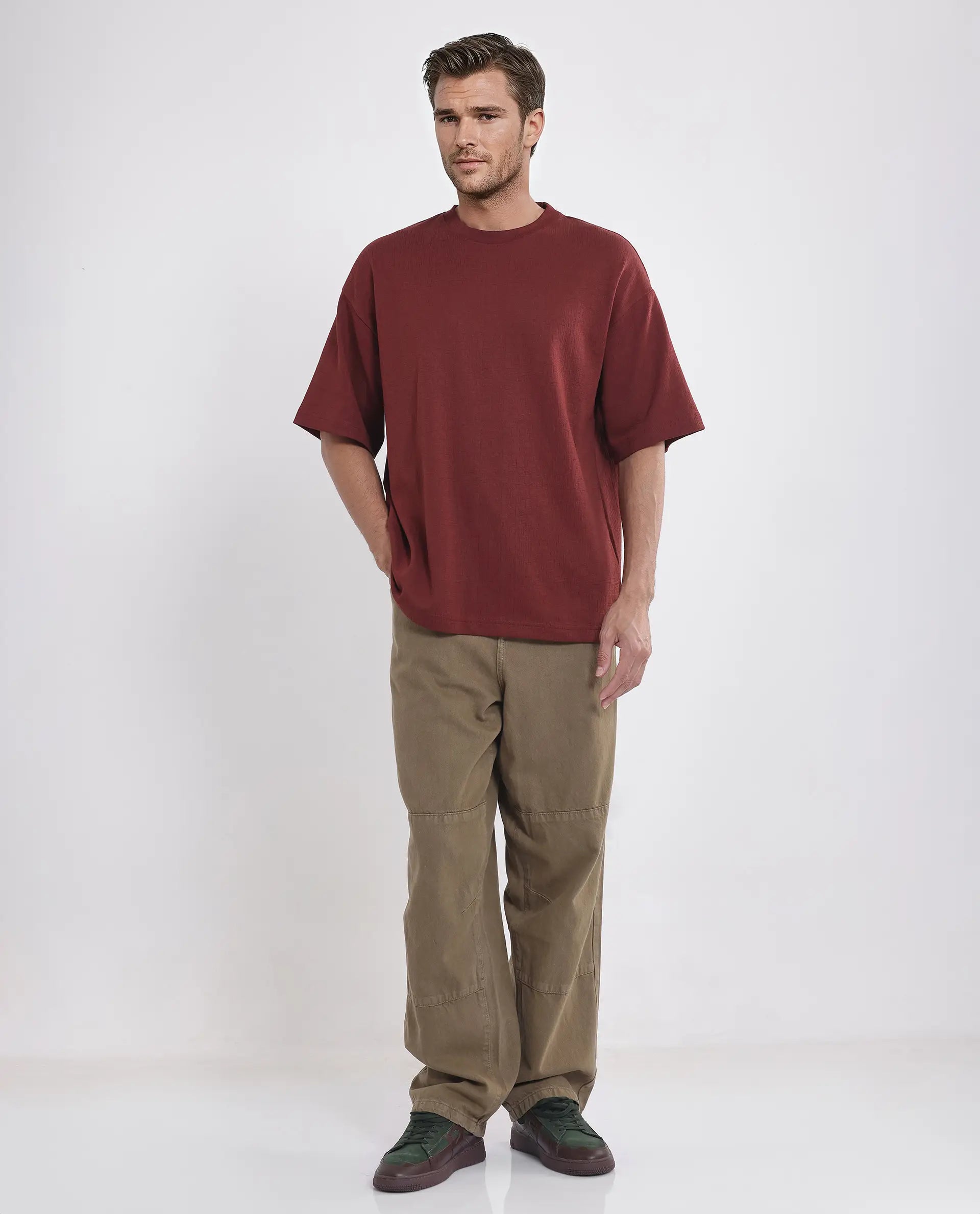 Rare Rabbit Men's Kelos Rust Cotton Blend Plain Oversized Fit Half Sleeve Crew Neck T-Shirt