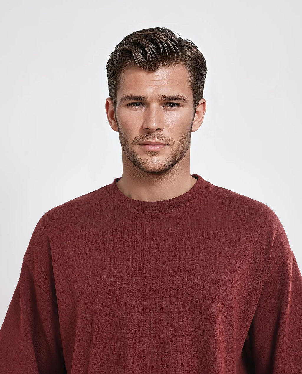 Rare Rabbit Men's Kelos Rust Cotton Blend Plain Oversized Fit Half Sleeve Crew Neck T-Shirt