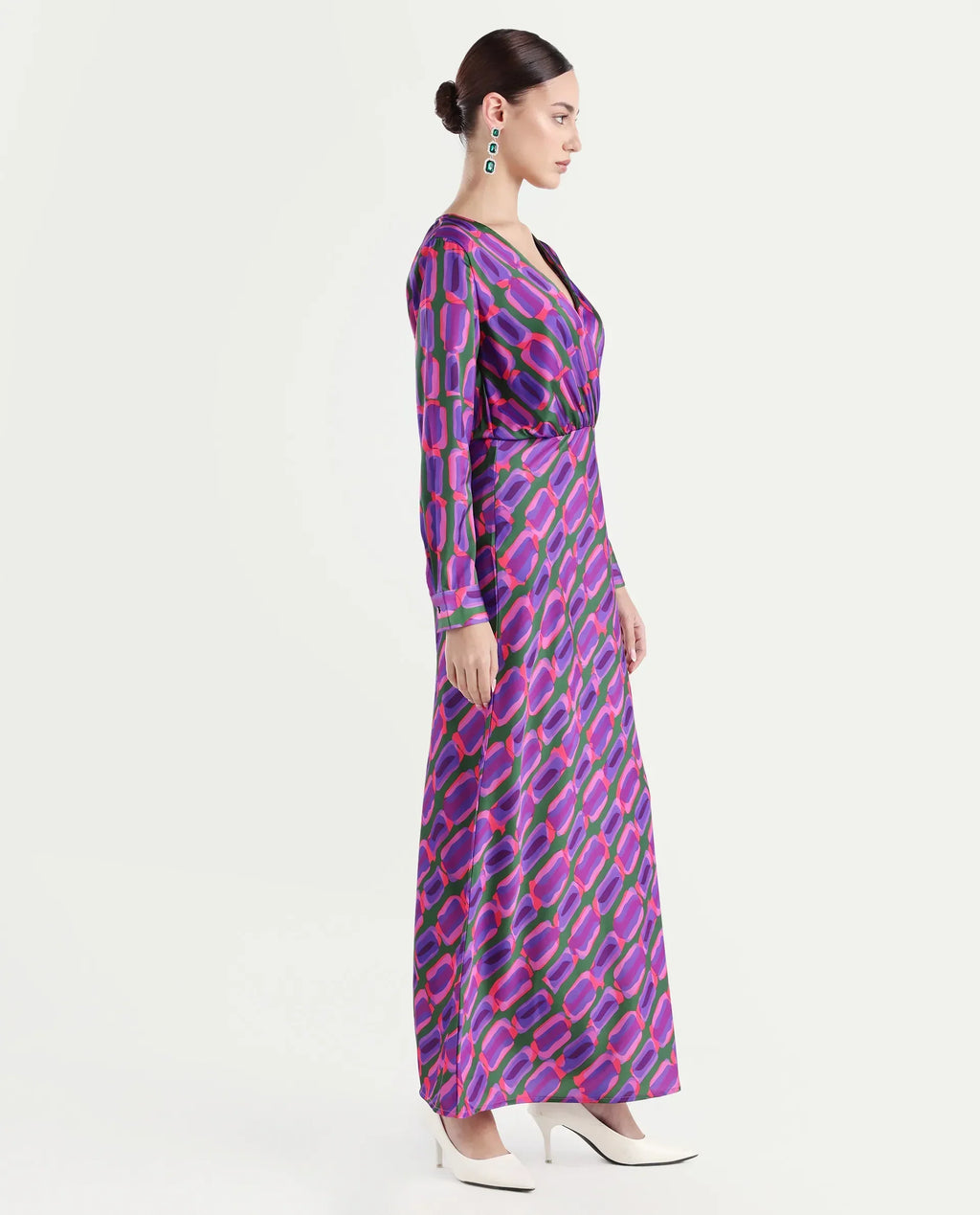 Rareism Women's Kenra Purple Polyester Collarless Geometric Print Maxi Relaxed Fit Dress