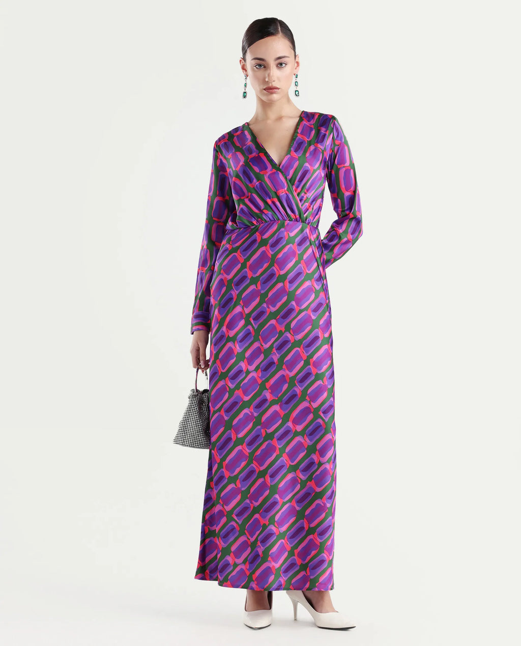 Rareism Women's Kenra Purple Polyester Collarless Geometric Print Maxi Relaxed Fit Dress