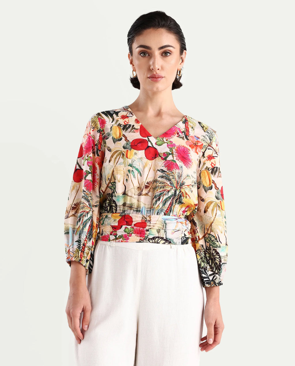 Rareism Women's Kenro Multi Nylon Blend V-Neck Tropical Print Bell Sleeve Crop Regular Fit Top