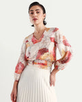 Rareism Women's Kently Multi Nylon Blend V-Neck Floral Print Bell Sleeve Crop Regular Fit Top