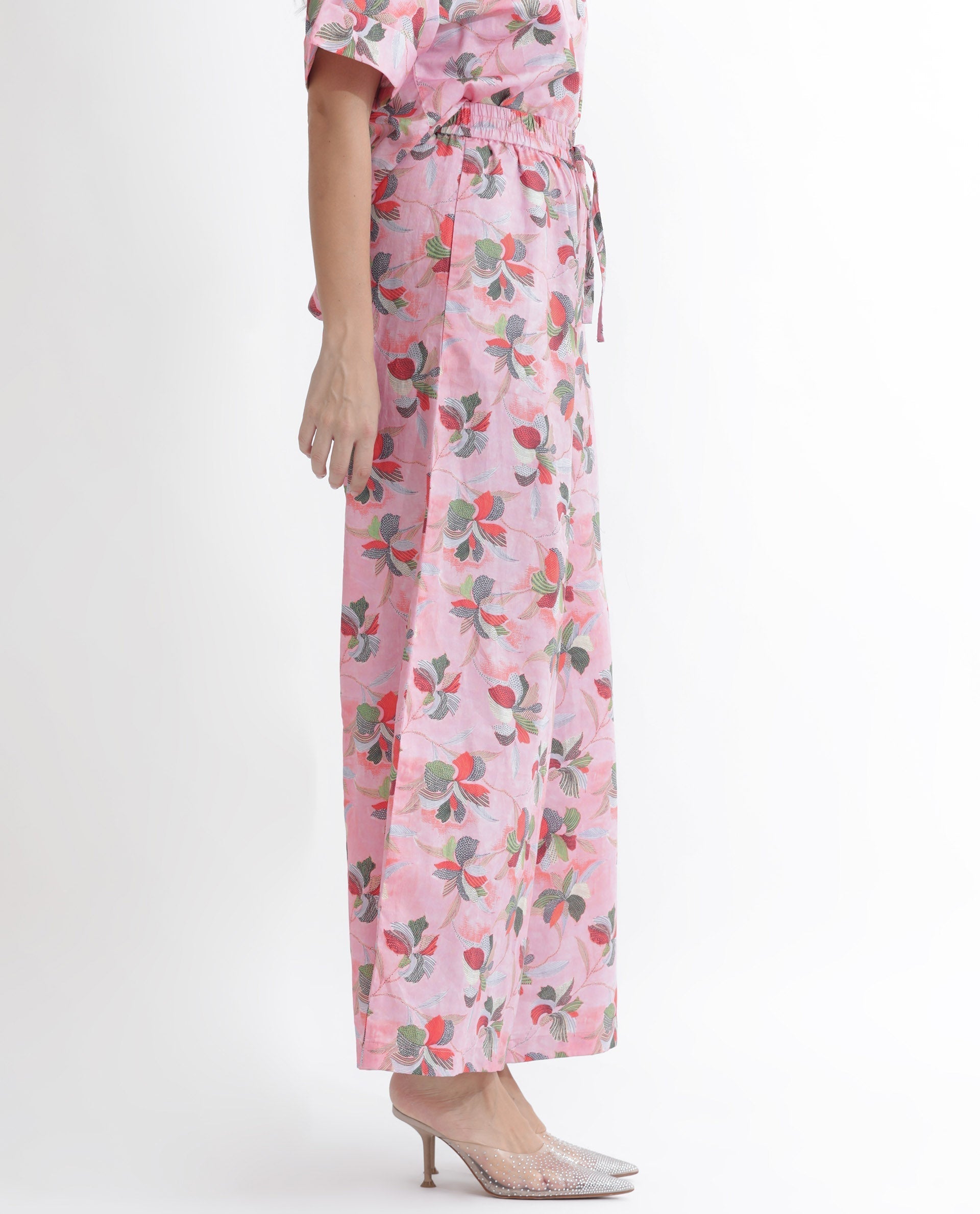 Rareism Women's Kentoy-B Light Pink Cotton Floral Print Ankle Length Flared Trouser