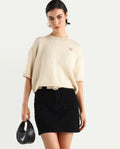 Rareism Women's Kenty Light Beige Acrylic Crew Neck Striped Crop Relaxed Fit Sweater