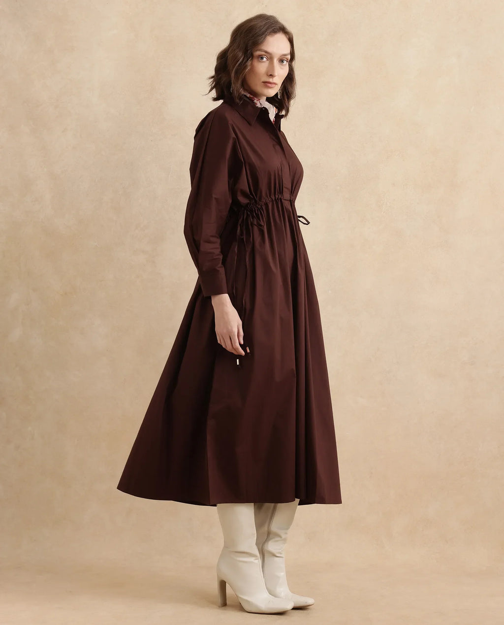 Rareism Women's Kercet Brown Cotton Blend Spread Collar Plain Kimono Sleeve Maxi Fit And Flare Dress
