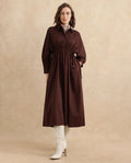 Rareism Women's Kercet Brown Cotton Blend Spread Collar Plain Kimono Sleeve Maxi Fit And Flare Dress