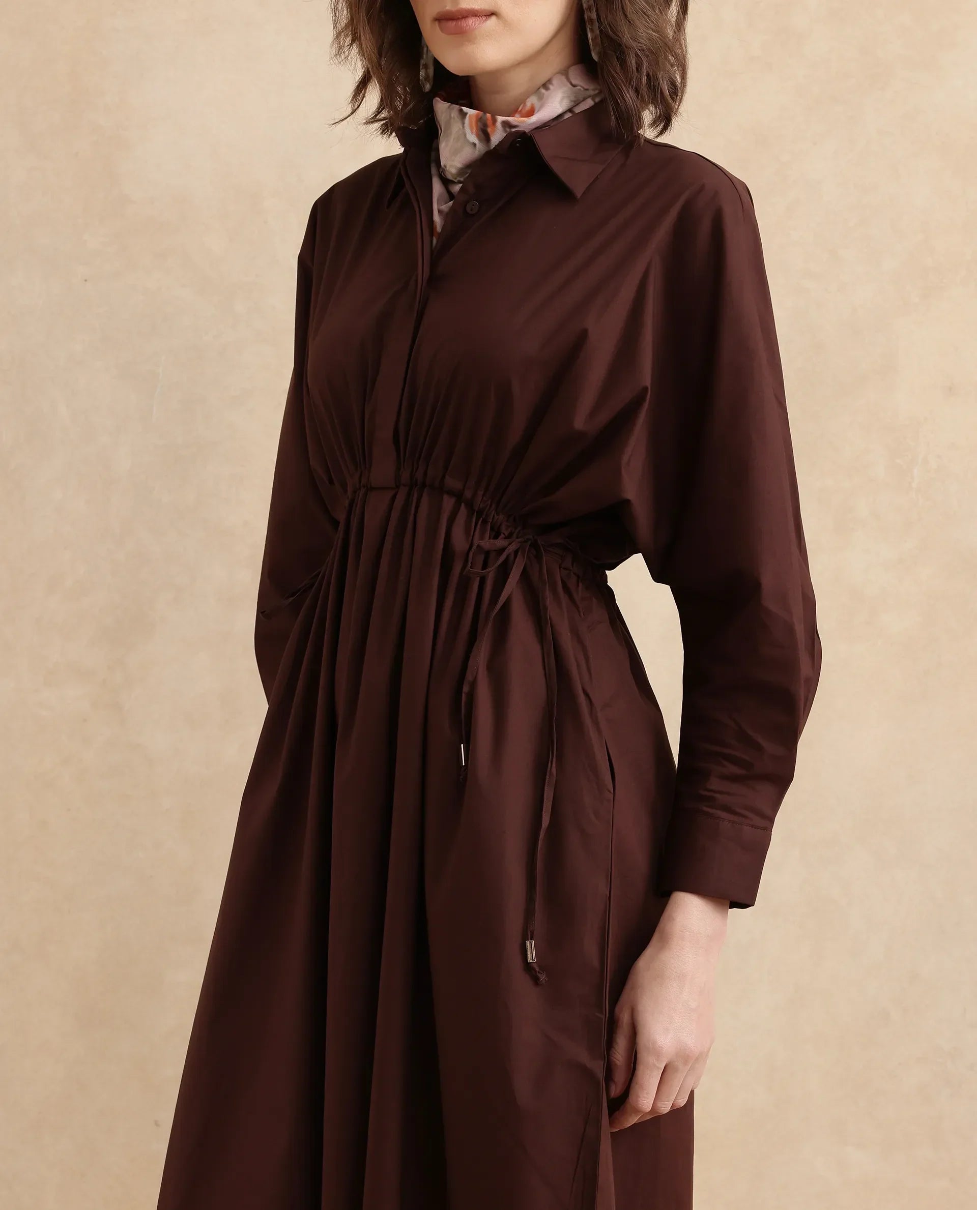 Rareism Women's Kercet Brown Cotton Blend Spread Collar Plain Kimono Sleeve Maxi Fit And Flare Dress