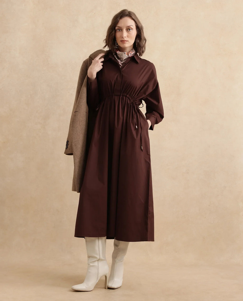 Rareism Women's Kercet Brown Cotton Blend Spread Collar Plain Kimono Sleeve Maxi Fit And Flare Dress