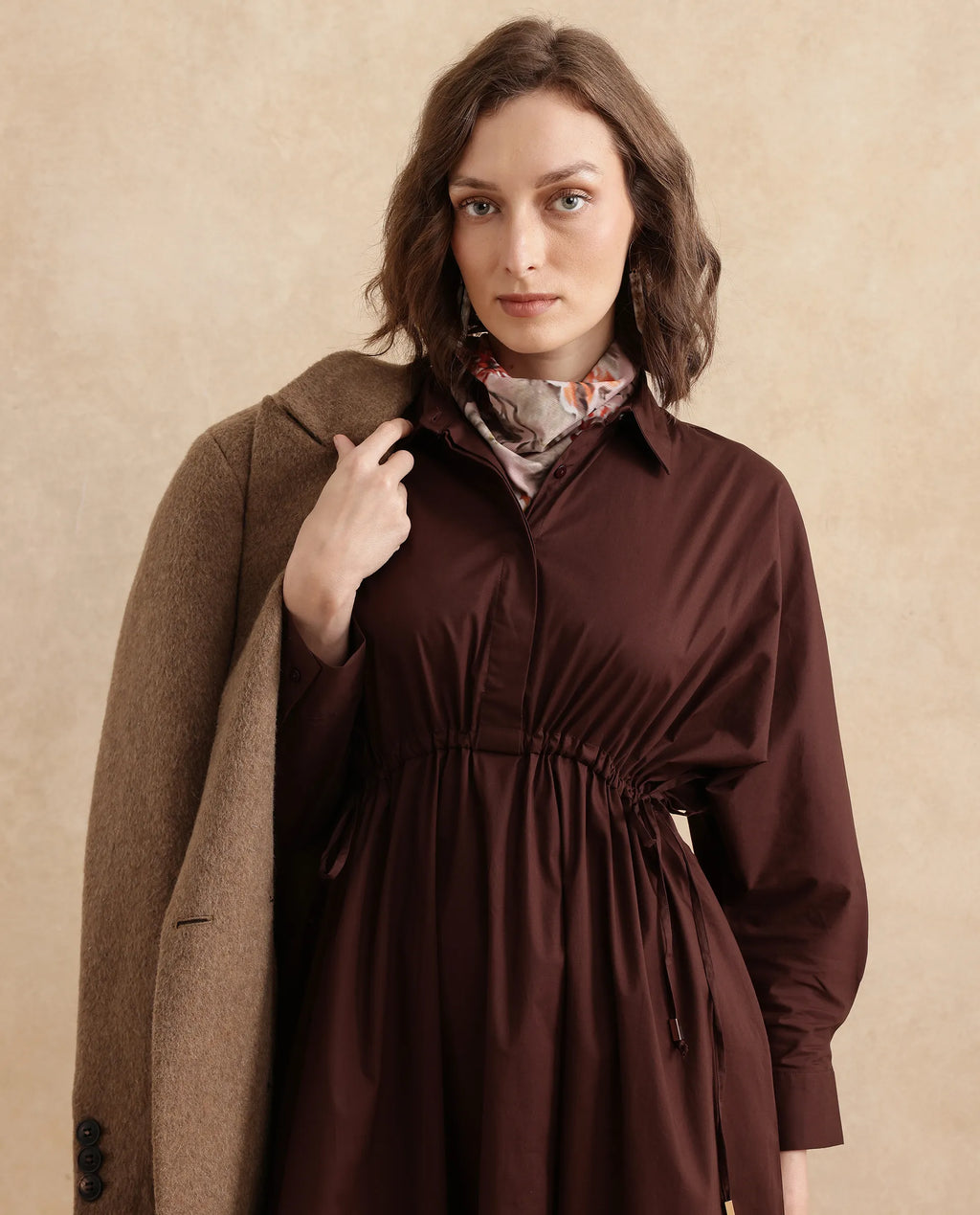 Rareism Women's Kercet Brown Cotton Blend Spread Collar Plain Kimono Sleeve Maxi Fit And Flare Dress