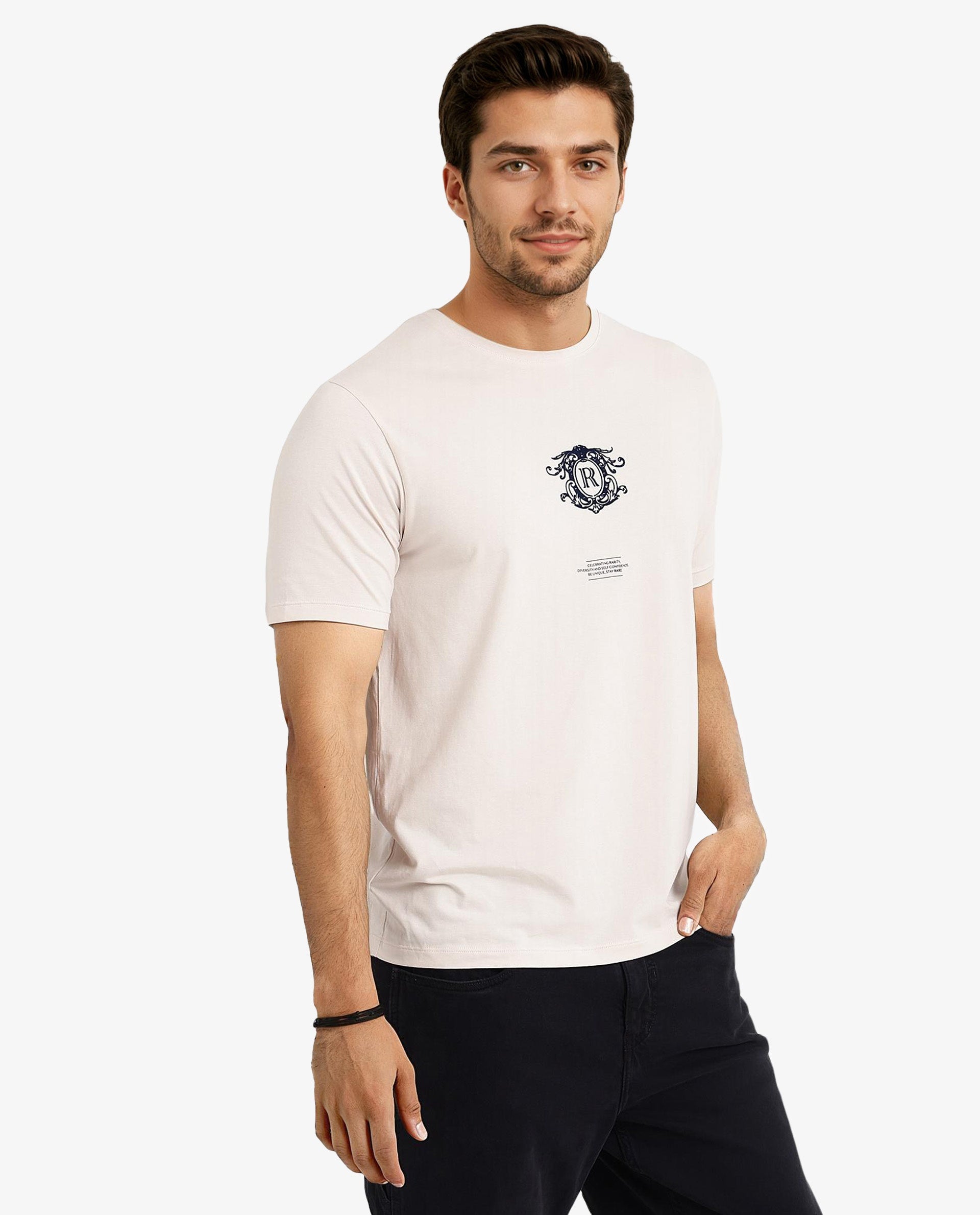 Rare Rabbit Men's Ker Light Pink Cotton Blend Graphic Print Regular Fit Half Sleeve Crew Neck T-Shirt
