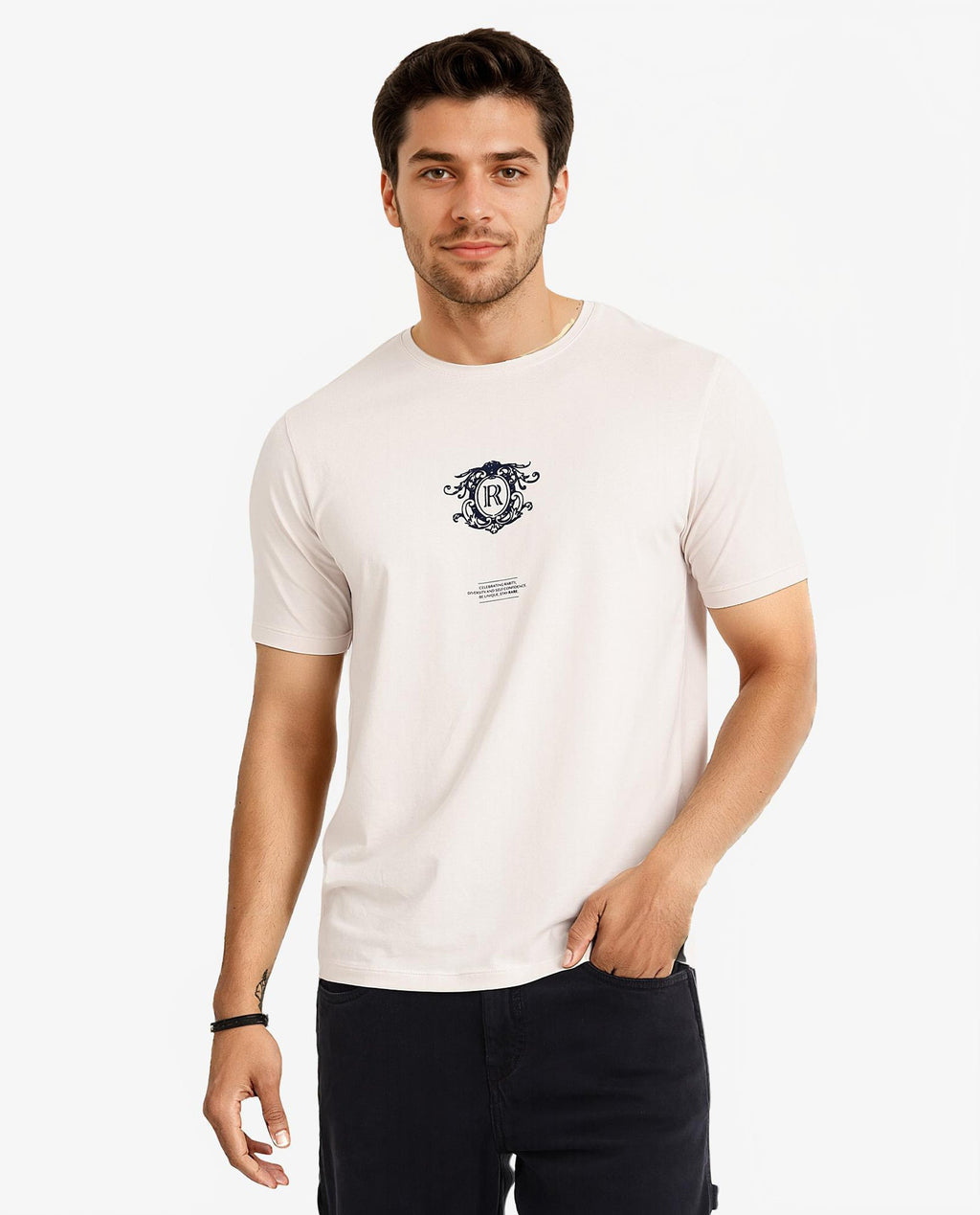 Rare Rabbit Men's Ker Light Pink Cotton Blend Graphic Print Regular Fit Half Sleeve Crew Neck T-Shirt