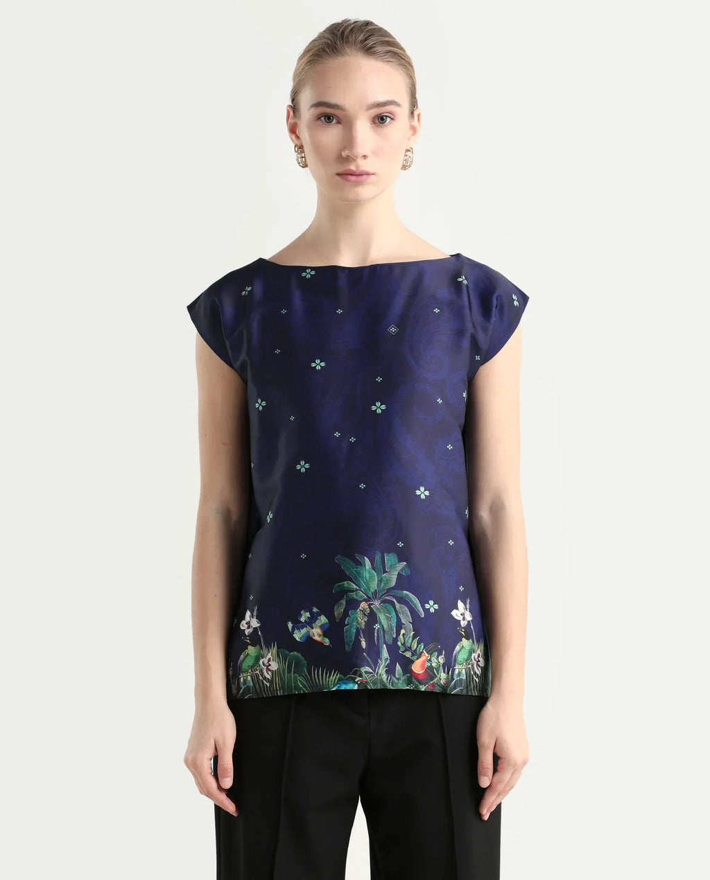 Rareism Women's Kern Navy Polyester Boat Neck Floral Print Extended Sleeves Regular Fit Top