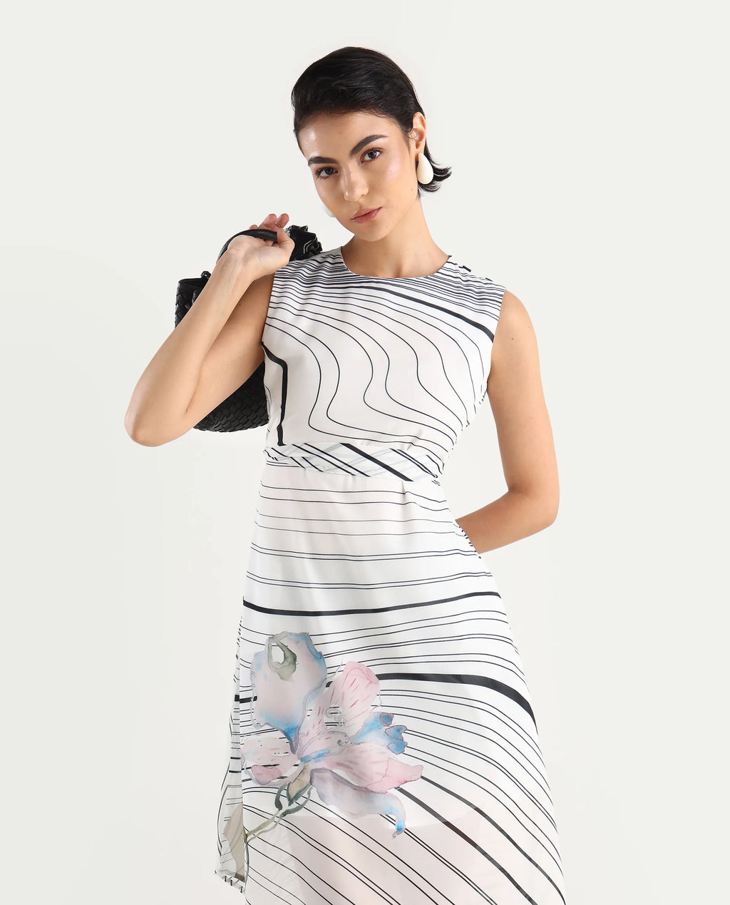 Rareism Women's Kibed Multi Polyester Crew Neck Floral Print Sleeveless Midi Fit And Flare Dress