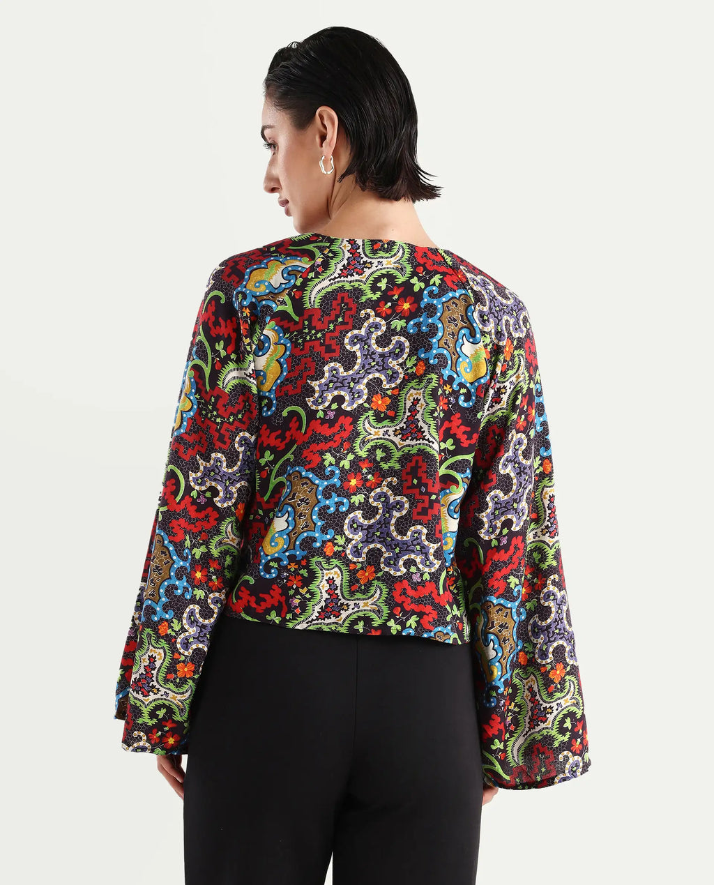 Rareism Women's Kinil Dark Multi Polyester V-Neck Abstract Print Raglan Sleeve Regular Fit Top