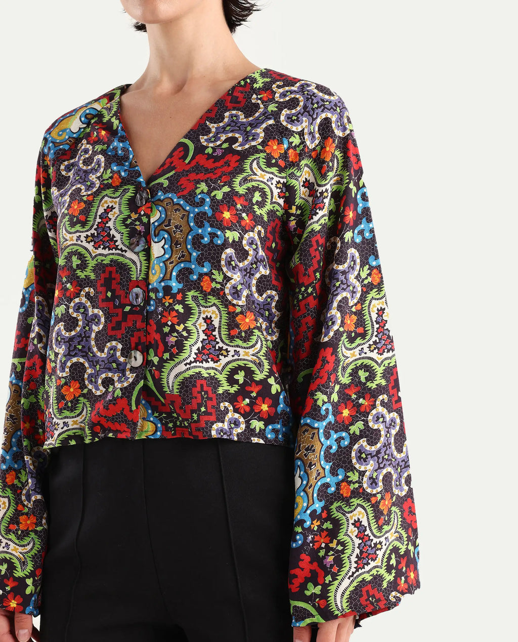 Rareism Women's Kinil Dark Multi Polyester V-Neck Abstract Print Raglan Sleeve Regular Fit Top