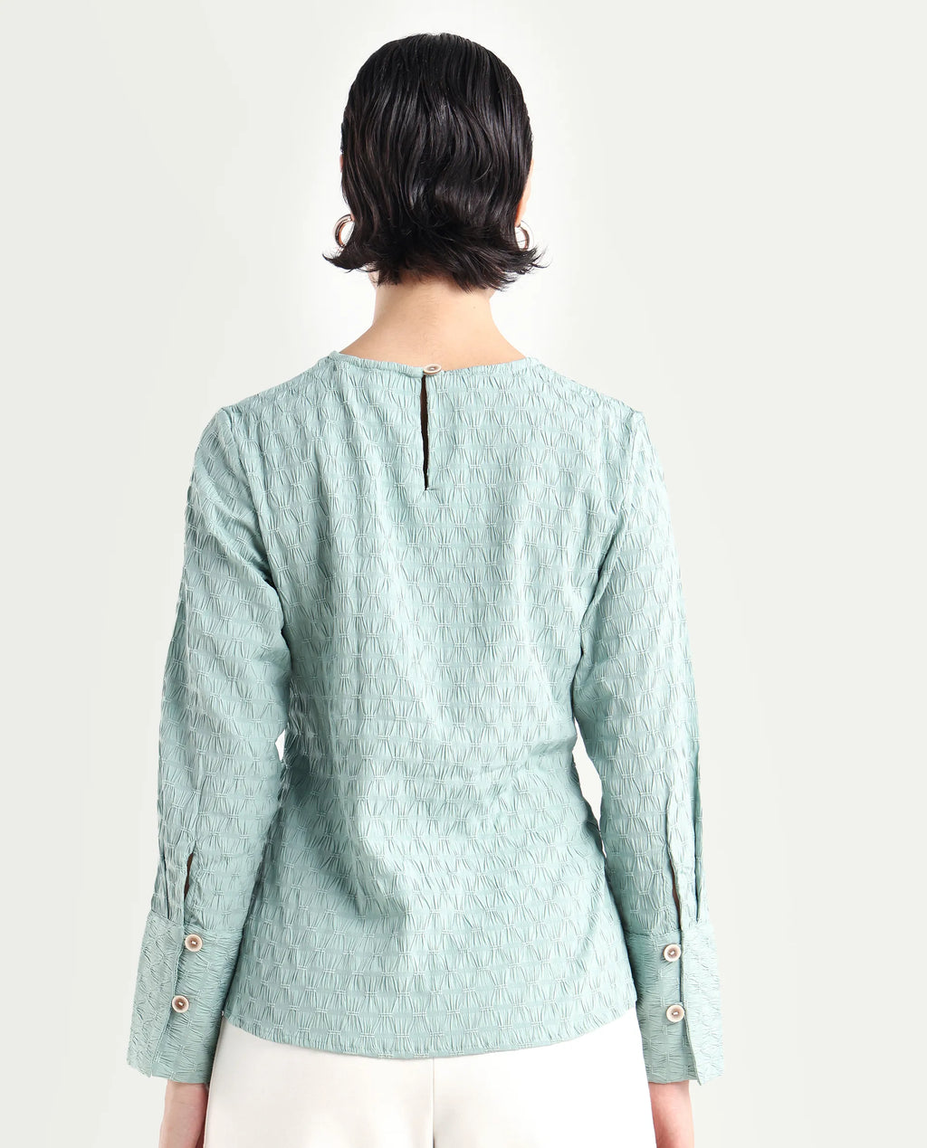 Rareism Women's Kiop Green Polyester Crew Neck Plain Cuffed Sleeve Regular Fit Top