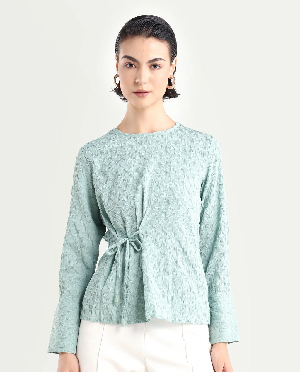 Rareism Women's Kiop Green Polyester Crew Neck Plain Cuffed Sleeve Regular Fit Top