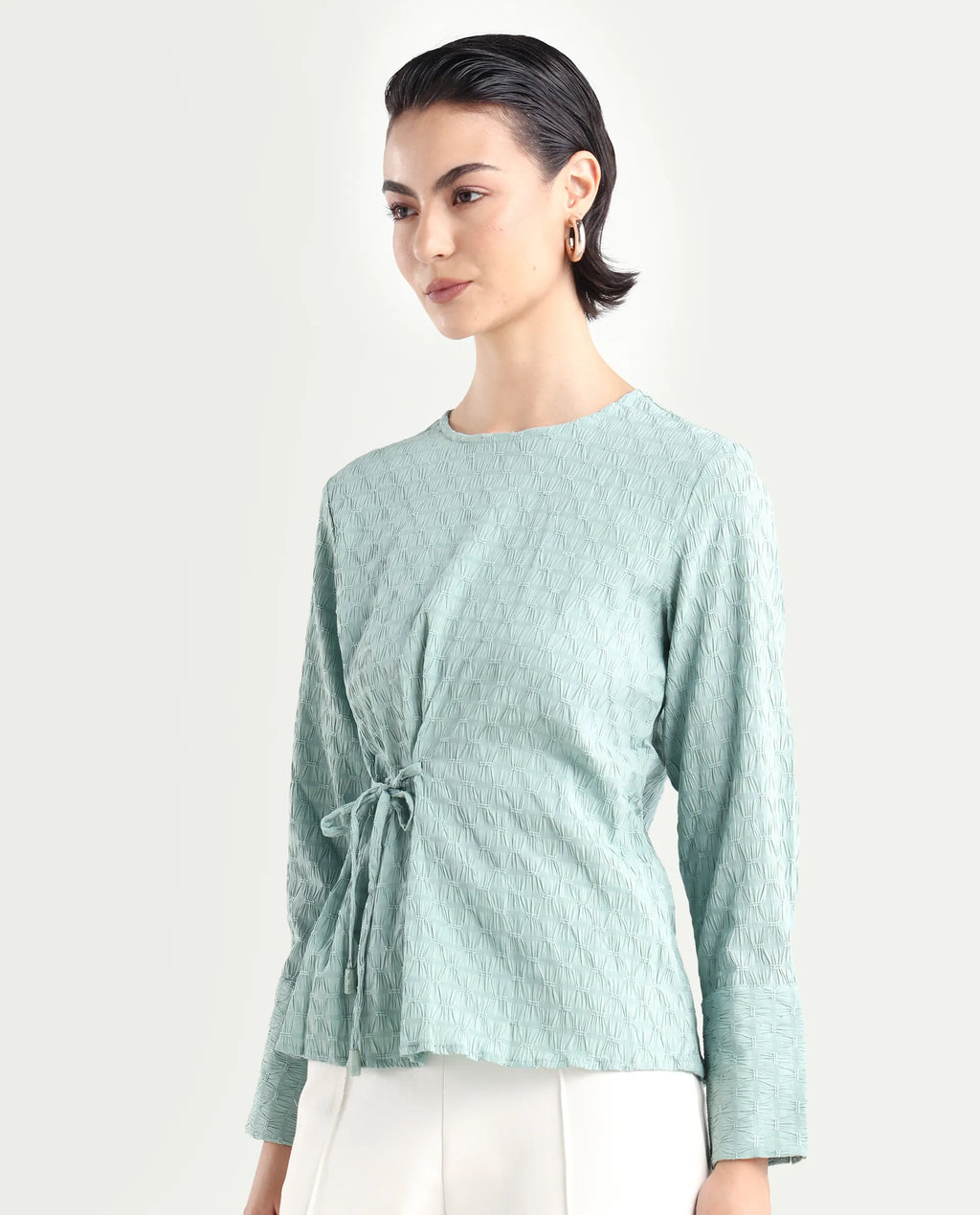 Rareism Women's Kiop Green Polyester Crew Neck Plain Cuffed Sleeve Regular Fit Top