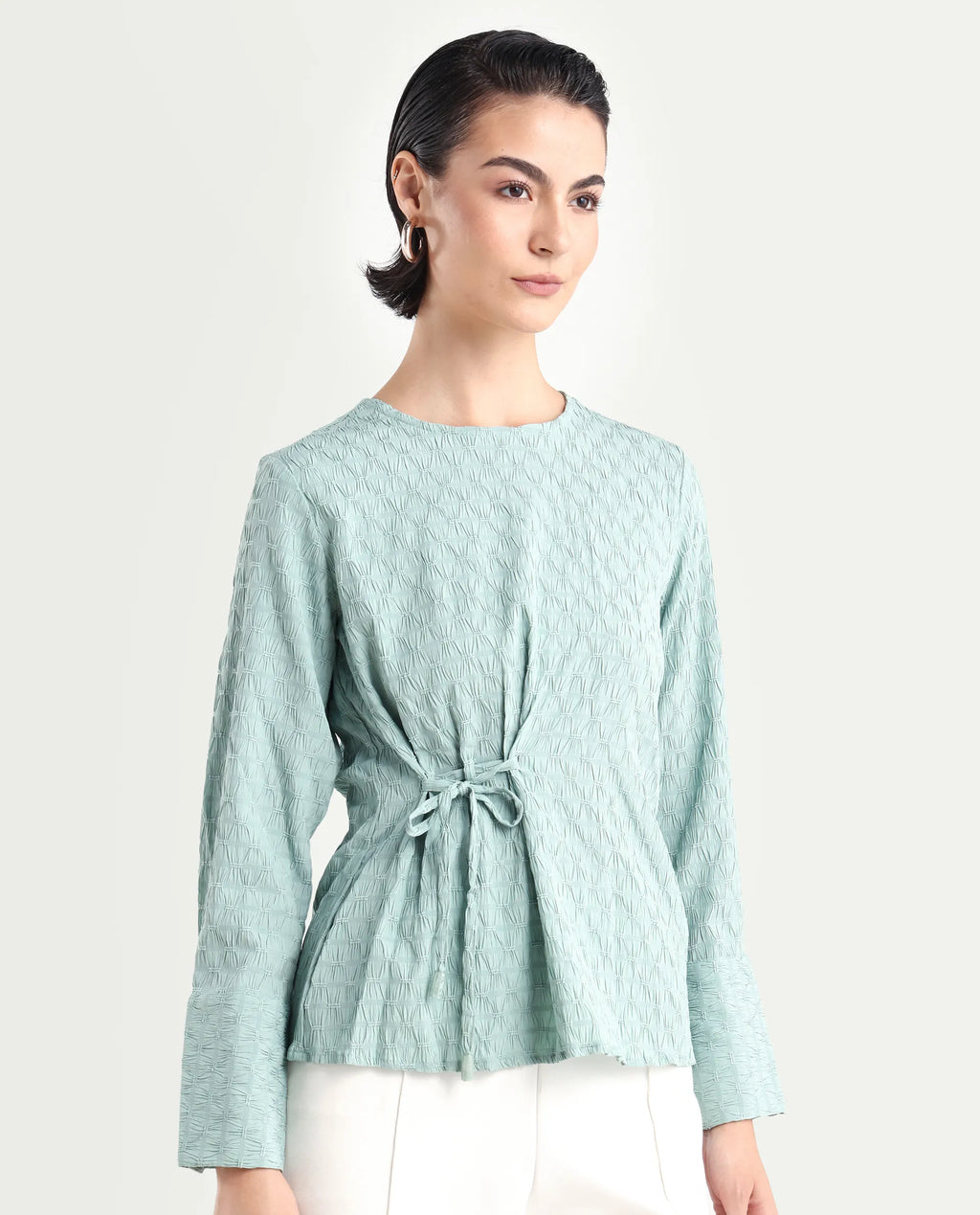 Rareism Women's Kiop Green Polyester Crew Neck Plain Cuffed Sleeve Regular Fit Top