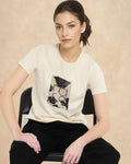Rareism Women's Kirk Light Beige Cotton Blend Crew Neck Graphic Print Regular Fit T-Shirt