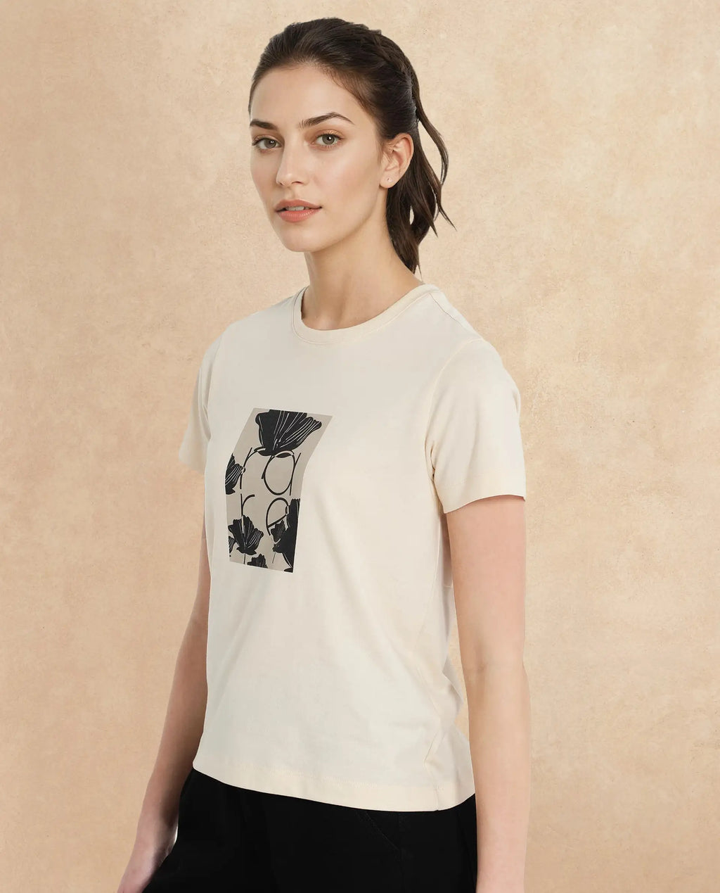Rareism Women's Kirk Light Beige Cotton Blend Crew Neck Graphic Print Regular Fit T-Shirt