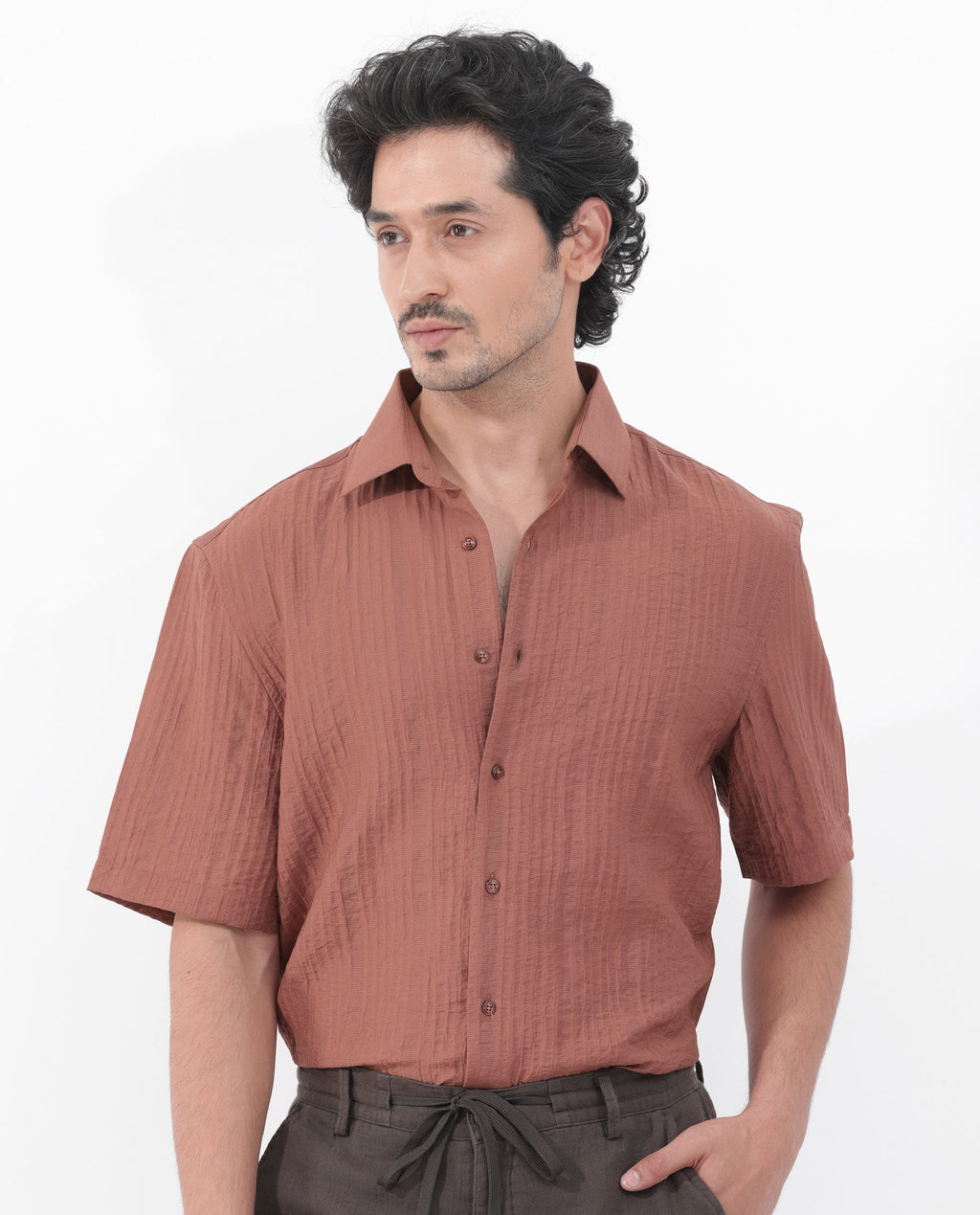 Rare Rabbit Men's Kith Dusky Rust Viscose Striped Print Boxy Fit Half Sleeve Collared Shirt