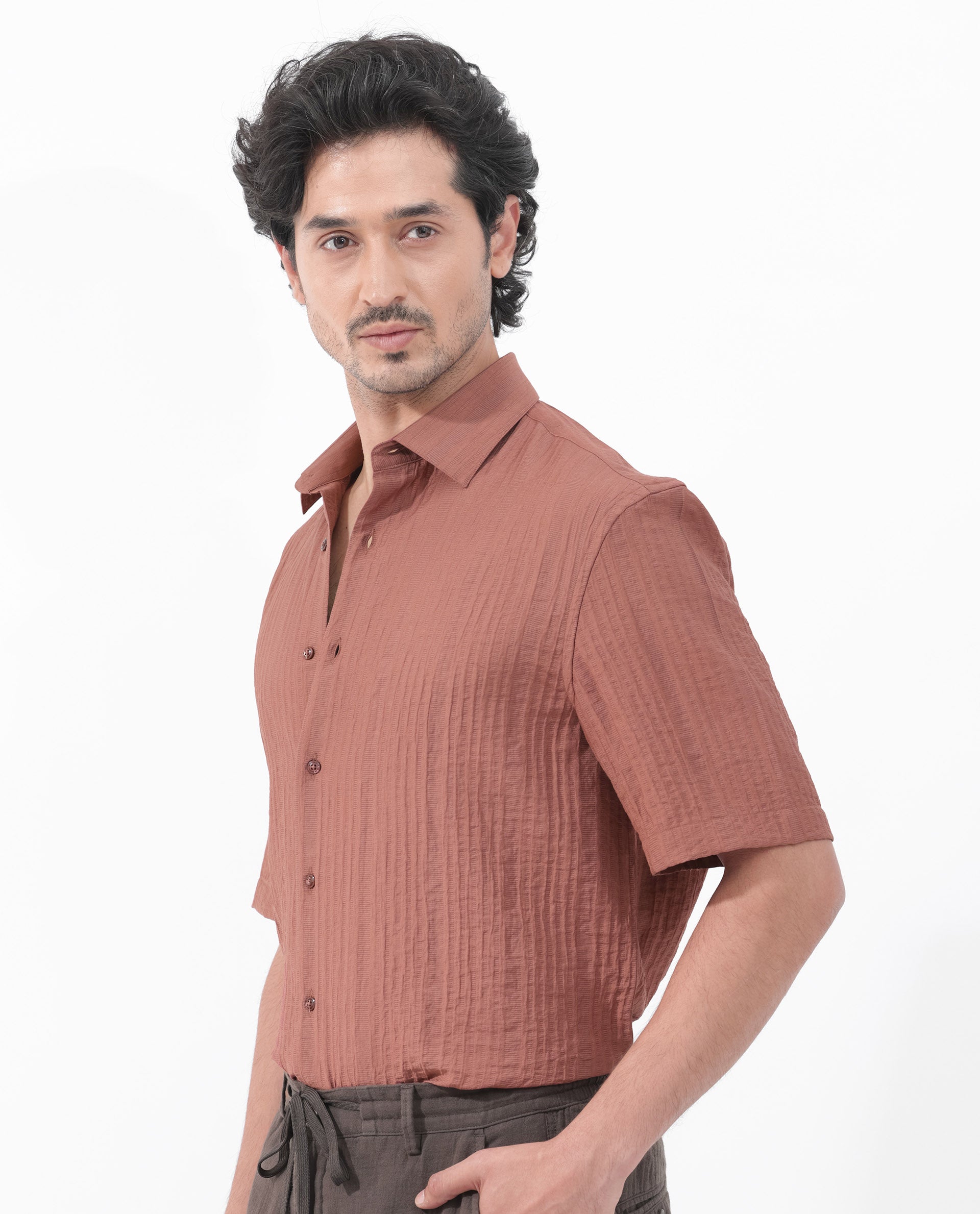 Rare Rabbit Men's Kith Dusky Rust Viscose Striped Print Boxy Fit Half Sleeve Collared Shirt