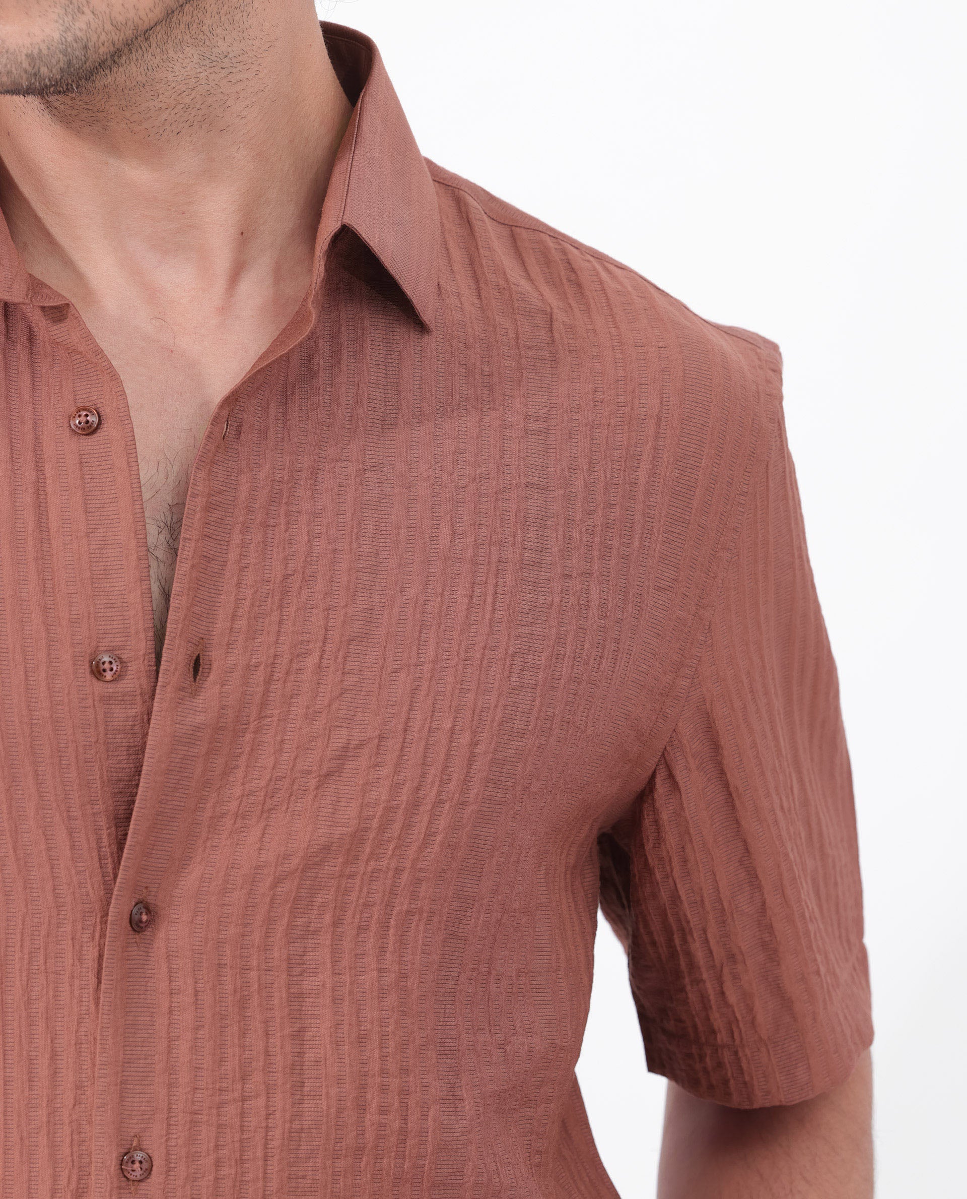 Rare Rabbit Men's Kith Dusky Rust Viscose Striped Print Boxy Fit Half Sleeve Collared Shirt