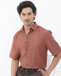 Rare Rabbit Men's Kith Dusky Rust Viscose Striped Print Boxy Fit Half Sleeve Collared Shirt